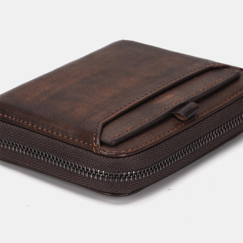 Men Genuine Leather Zipper Retro Business Multi Card Slot Leather Card Holder Wallet - MRSLM