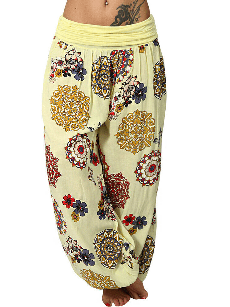 Vintage Floral Print Bloomers High Waist Sports Yoga Loose Pants - MRSLM