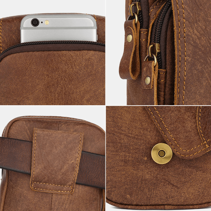 Men Genuine Leather Large Capacity Waist Bag Multifunctional Outdoor Retro 6.3 Inch Phone Bag - MRSLM