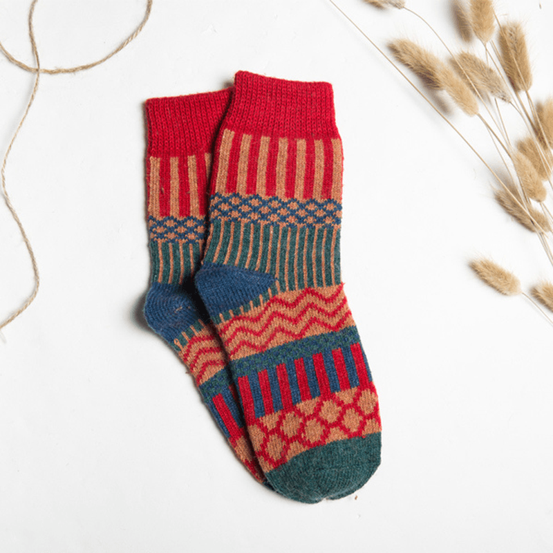 Women Stripe Wool Blend Socks Multi-Color Design Warm Casual Tube Thickening Sock - MRSLM