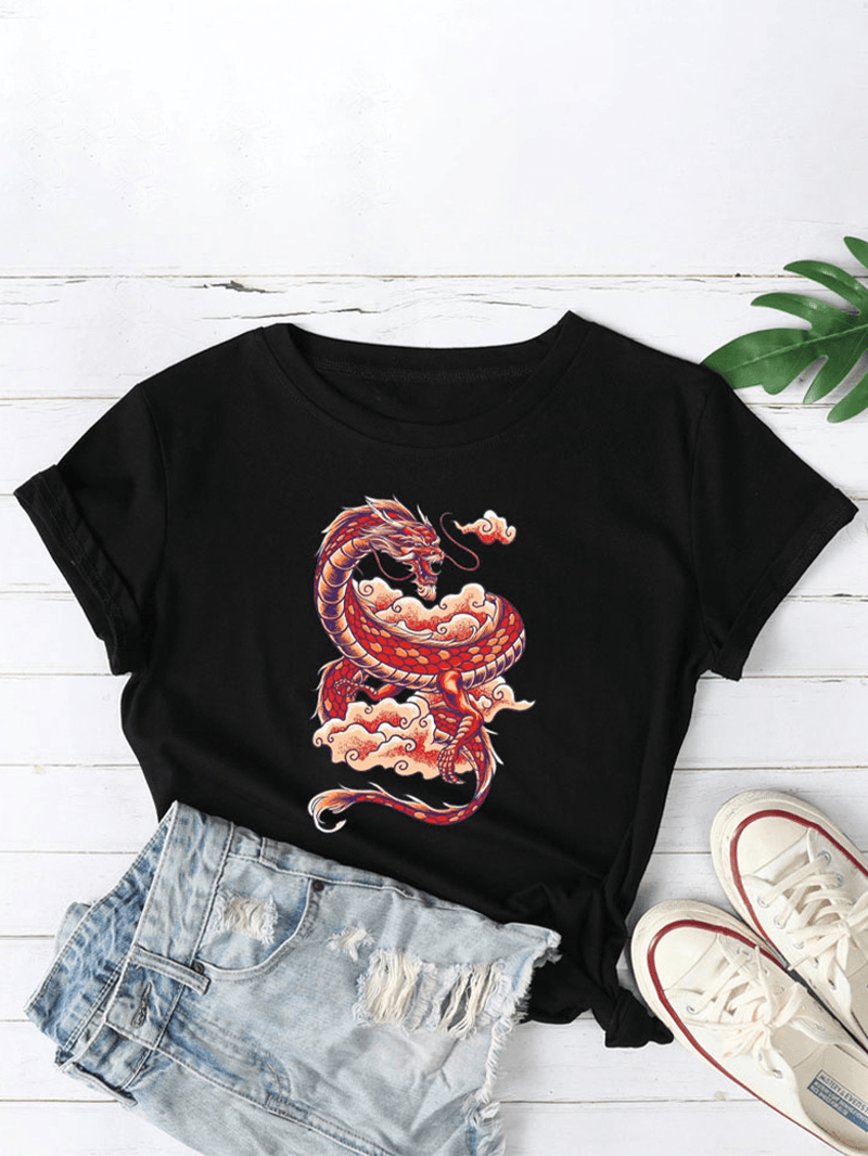 Women Oriental Dragon Graphics O-Neck Casual Short Sleeve T-Shirts - MRSLM