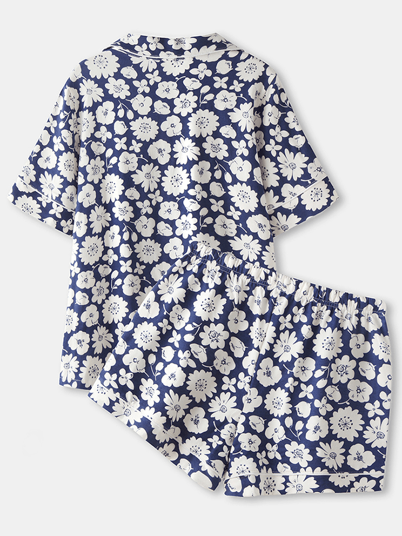 Plus Size Women Daisy Floral Print Revere Collar Chest Pocket Short Sleeve Home Pajama Set - MRSLM