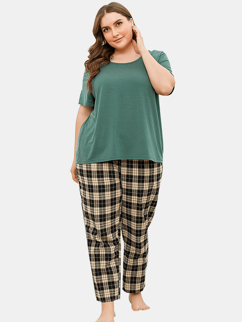 Plus Size Women Solid Color Short Sleeve Top Plaid Print Two Piece Home Pajama Set - MRSLM