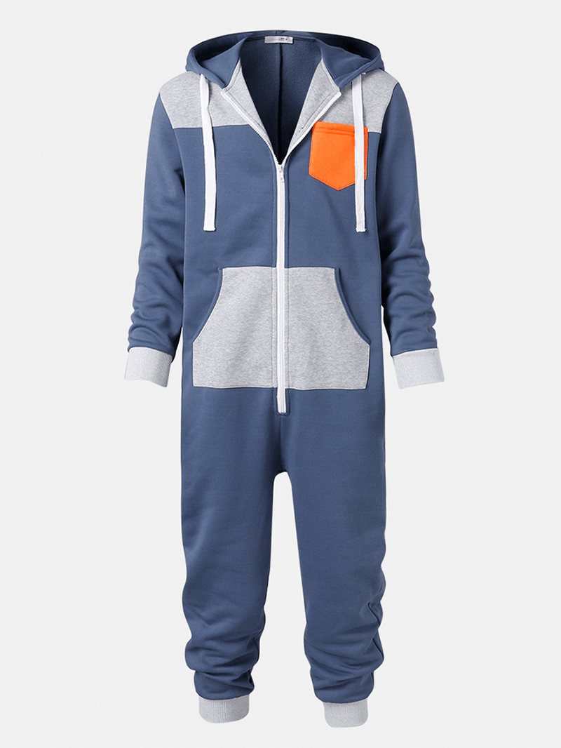 Mens Color Block Patchwork Zipper Hooded Jumpsuit Home Casual Sleepwear Onesies - MRSLM