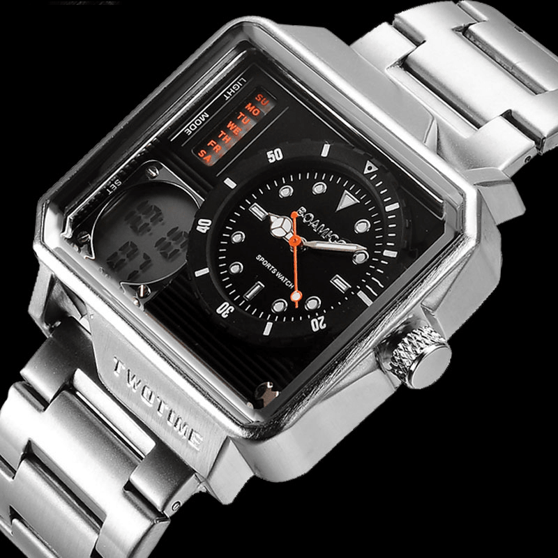 BOAMIGO F930 Creative Men Digital Watch Large Dial Dual Time Zone LED Light Date Week Display Stainless Steel Strap Dual Display Watch - MRSLM