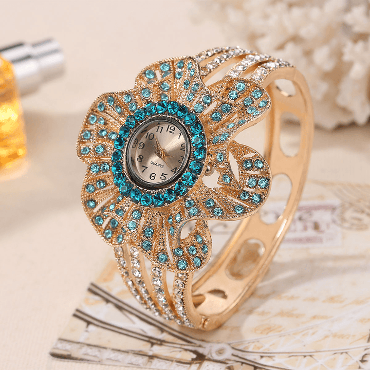 Fashion Crystal Flower Shape Dial Hollow Metal Strap Women Quartz Watch - MRSLM