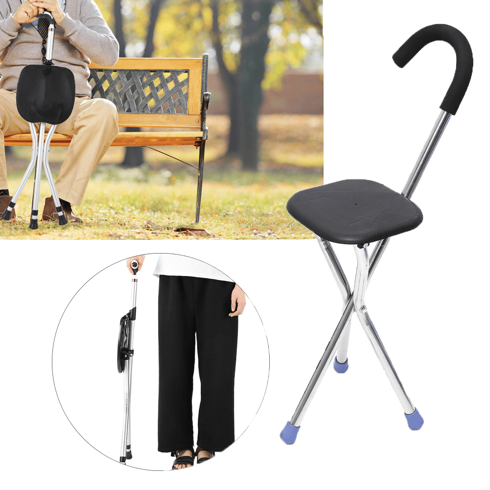 Multifunction 2 in 1 Stainless Lightweight Folding Walking Stick Stool Adjustable Height Non Slip Tripod Cane for Outdoor Hiking Climbing Crutch - MRSLM