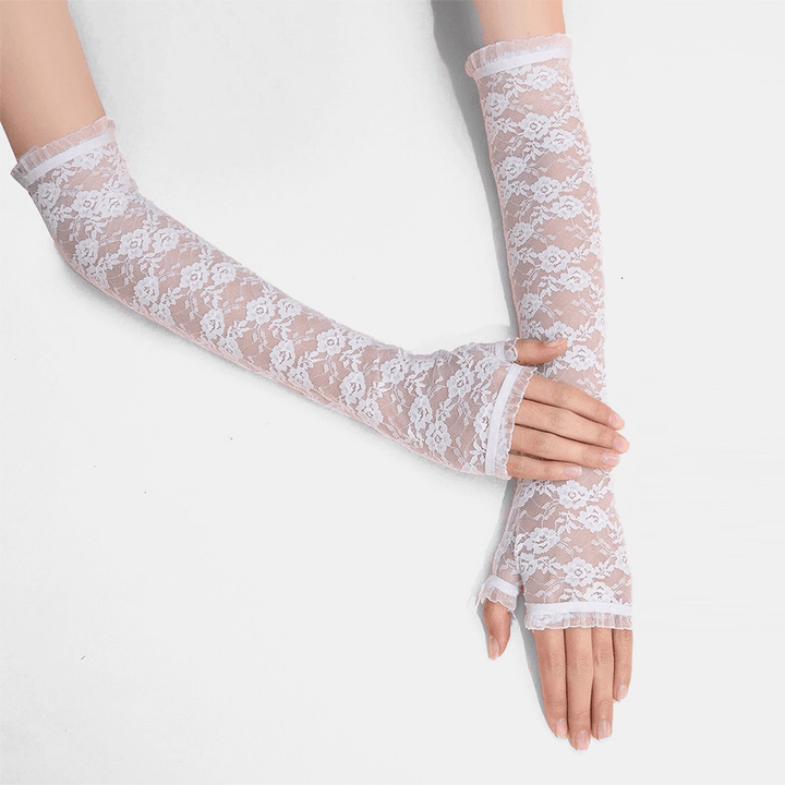 Women Dacron Wild Long Flowers Pattern Lace Gloves Mesh Breathable Half-Finger Gloves Sun Protection Sleeves - MRSLM