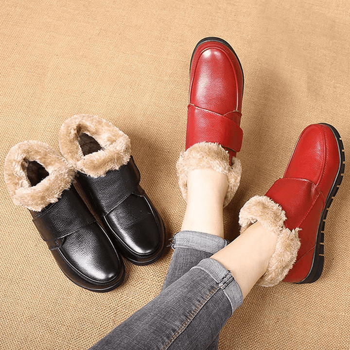 Genuine Leather Cotton Shoes Casual Slip on Fur Lining Boots - MRSLM