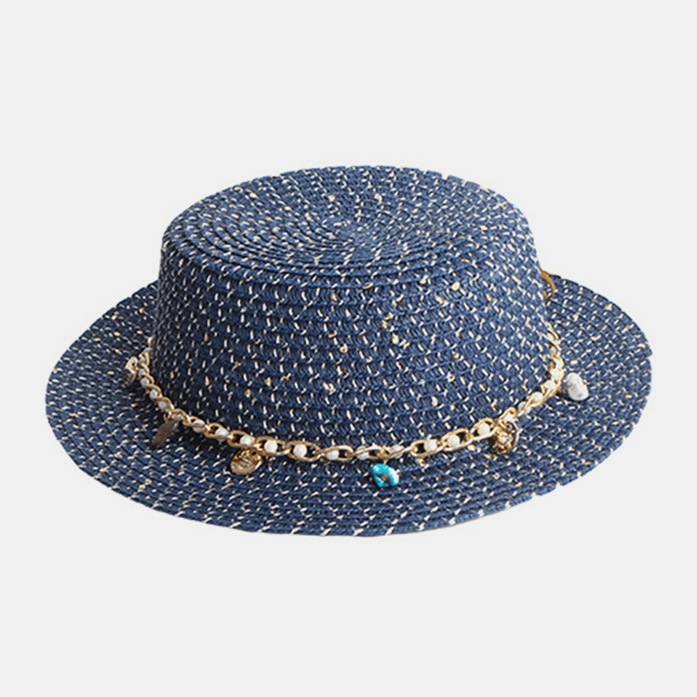 Women Sunscreen Summer Outdoor Casual Pearl Decoration Sun Hat Straw Hat - MRSLM