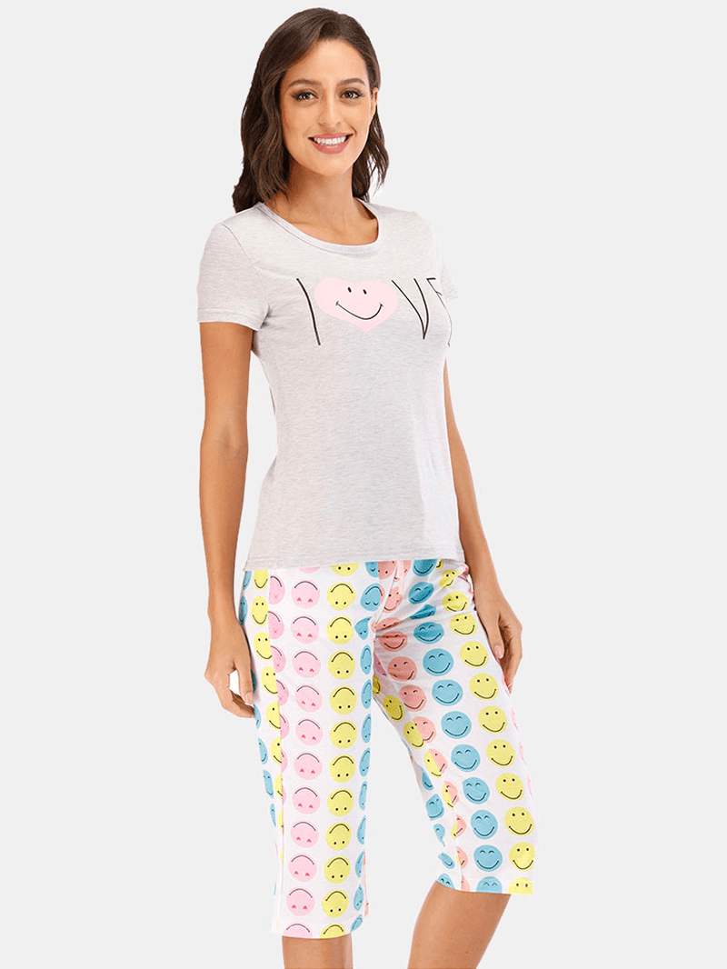 Women Funny Cartoon Smile Print Short Sleeve Two Piece Casual Pajama Set - MRSLM