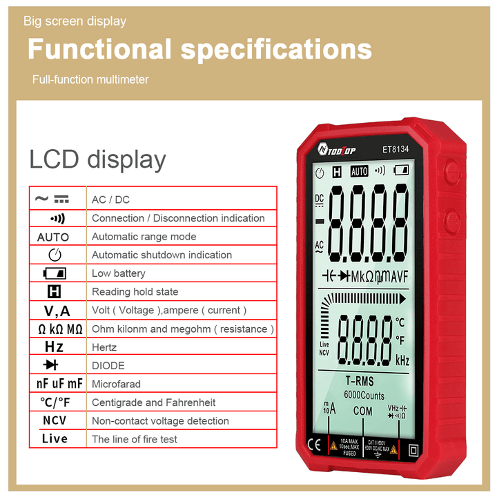 ET8134 4.7-Inch Large LCD Screen Smart True RMS Digital Multimeter Automatic + Manual Measure Resistance Diode Capacitance Temperature Frequency Test - MRSLM