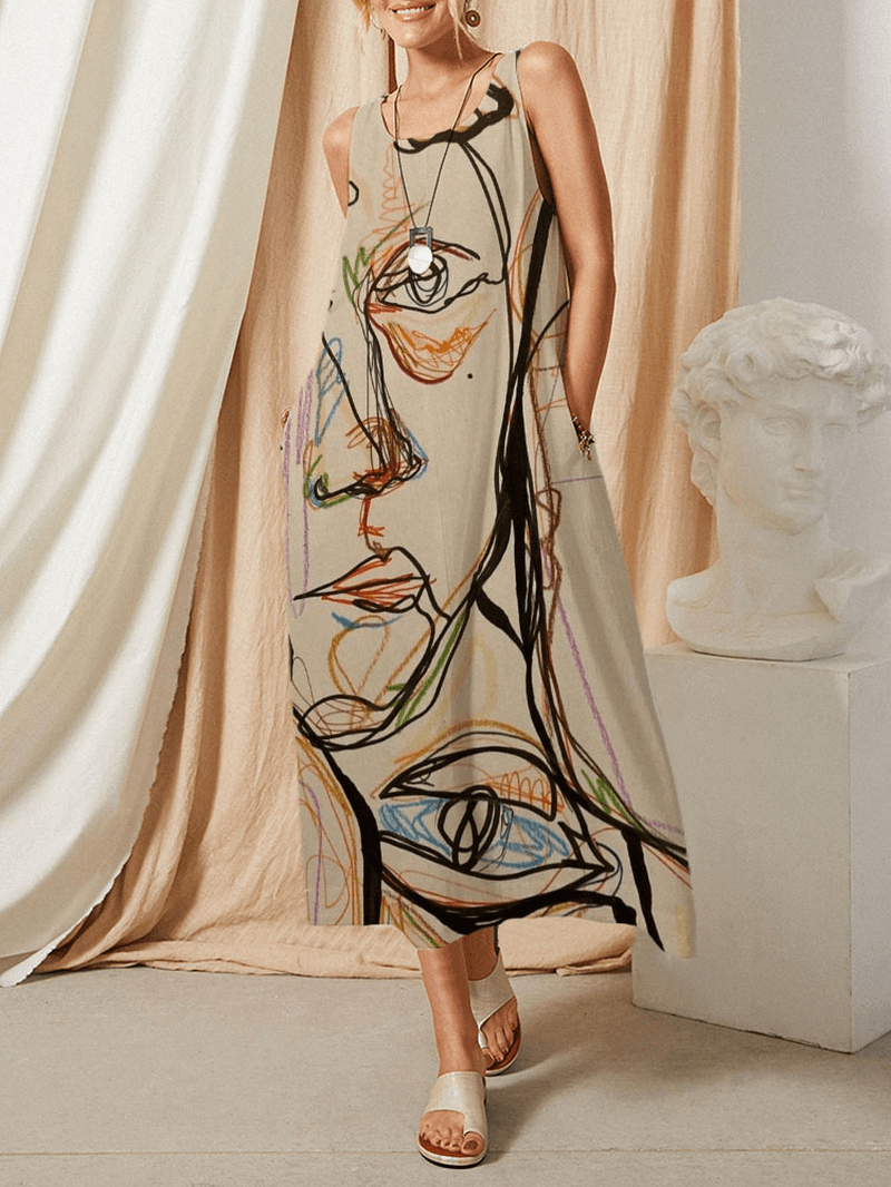 Graffiti Abstract Pattern Print O-Neck Sleeveless Pocket Print Dress for Women - MRSLM