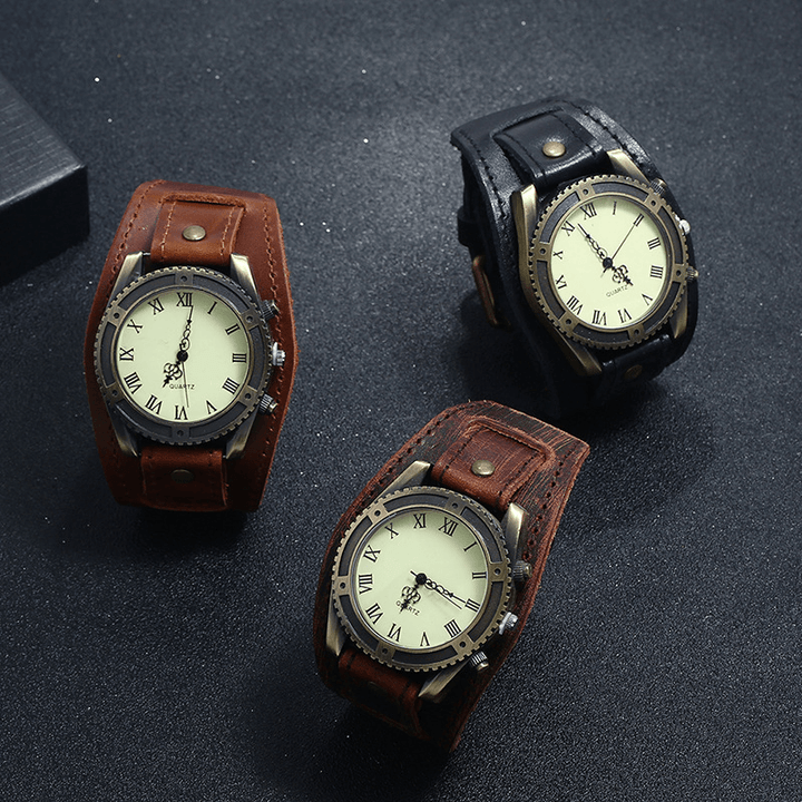 Vintage Cow Leather Bracelet Watch Adjustable Strap Roman Numerals Men Quartz Watch - MRSLM