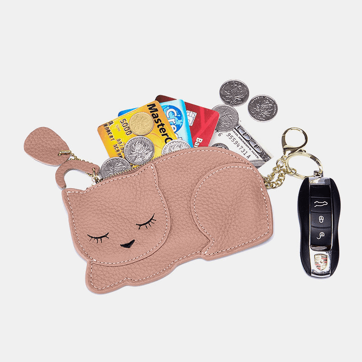 Women Genuine Leather Casual Cute Animal Nap Cat Pattern Mini Keychain Coin Bag Storage Bag - MRSLM
