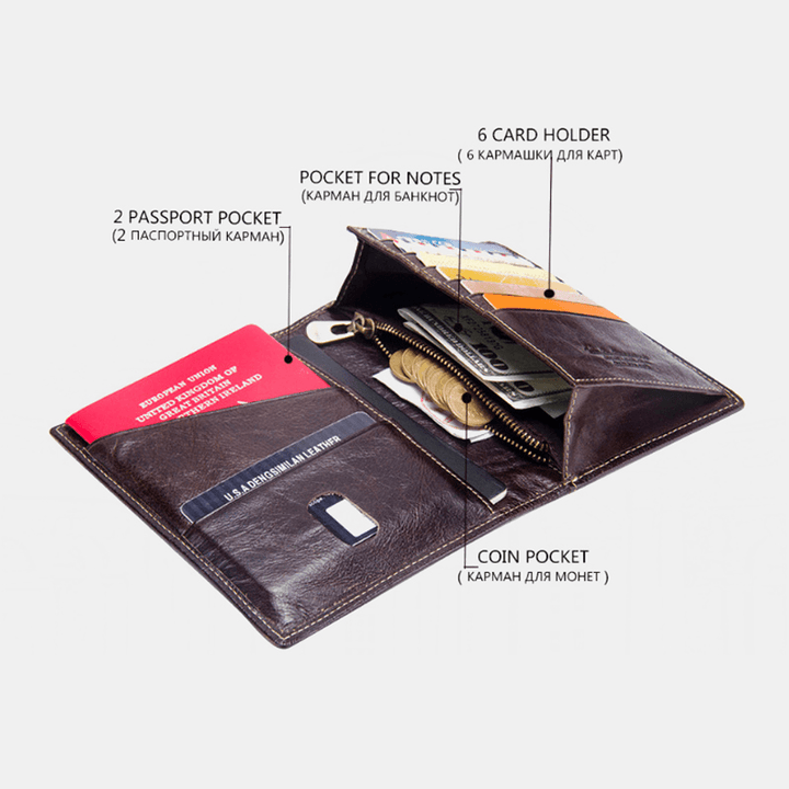 Men Retro Bifold Open Thin Crazy Horse Cowhide Card Holder Passport Bag Wallet - MRSLM