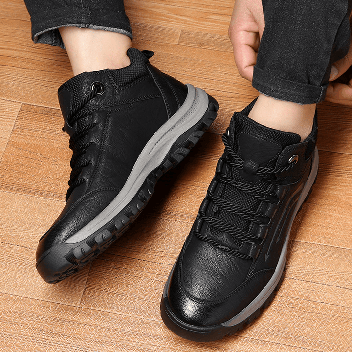 Men Cowhide Leather Soft Sole Warm Lined Padded Pure Color Lace up Casual Sports Shoes - MRSLM