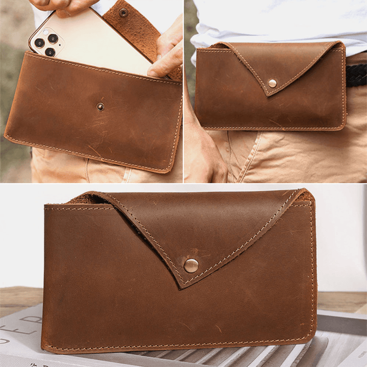 Men Horizontal Envelope-Shape Belt Bag Retro Casual Sport 6.5 Inch Phone Bag Cowhide Waist Bag - MRSLM