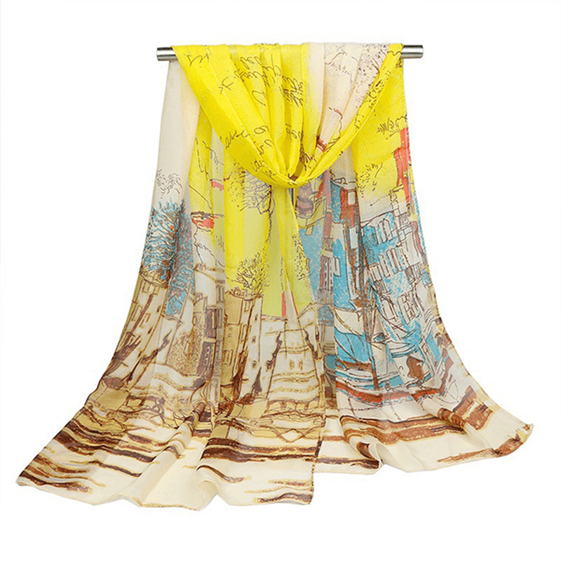 Women'S Georgette Silk Soft Scarves Shawl High Quality Oil Painting Print Long Scarf - MRSLM
