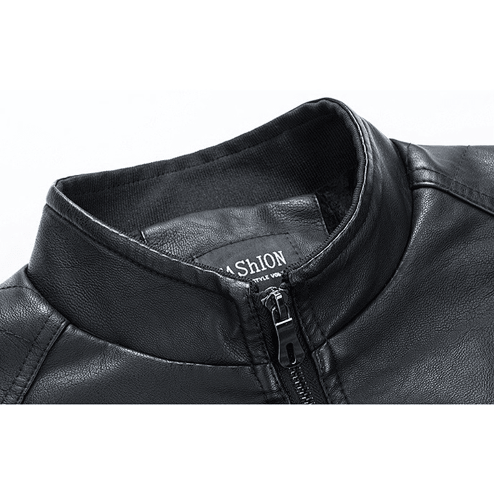 Men Zipper Dual Pockets Stand Collar Leather Jacket - MRSLM