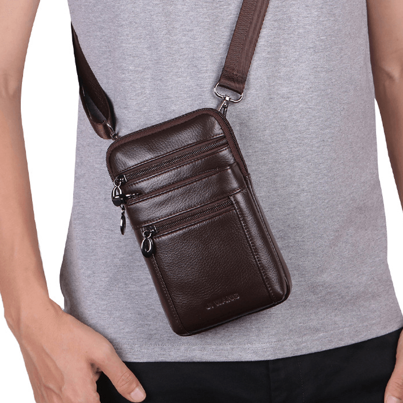 Men Vintage Genuine Leather Waist Bag 7Inch Phone Bag Crossbody Bag Shoulder Bag - MRSLM