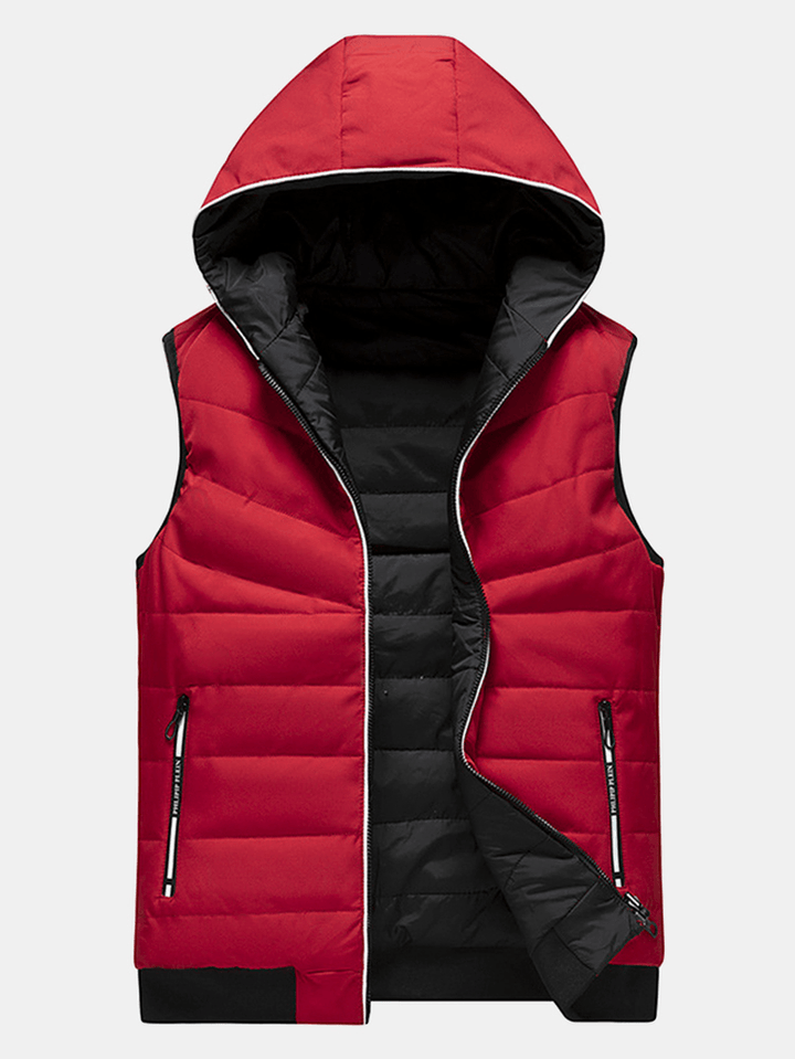 Mens Solid Color Zipper Windproof Warm Reversible Hooded Padded Gilet with Pocket - MRSLM