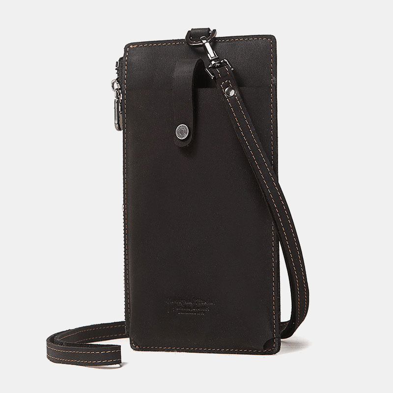 Unisex Genuine Leather Cowhide Zipper Buckle Retro 6.3 Inch Phone Bag Clutch Wallet - MRSLM