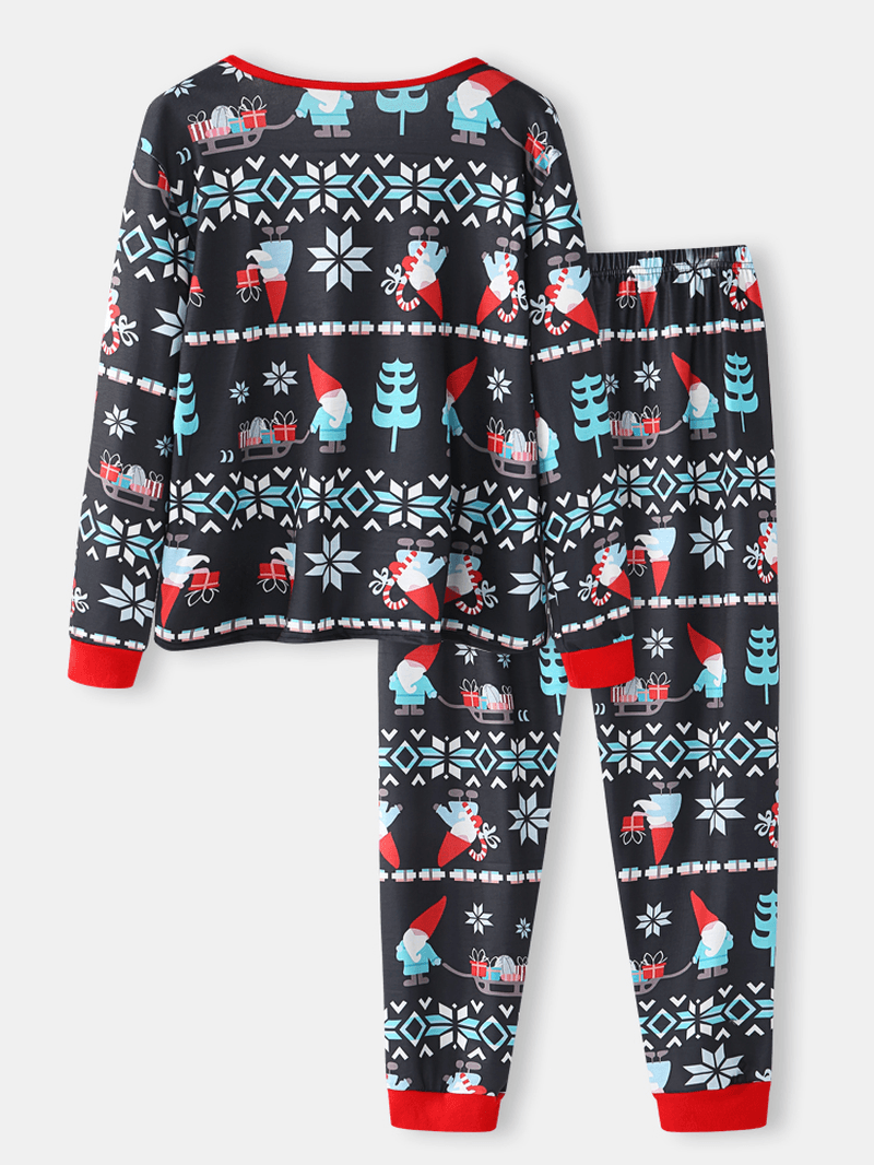 Women Cartoon Santa Claus Print V-Neck Long Sleeve Pullover Loose Jogger Pants Christmas Home Pajama Set - MRSLM