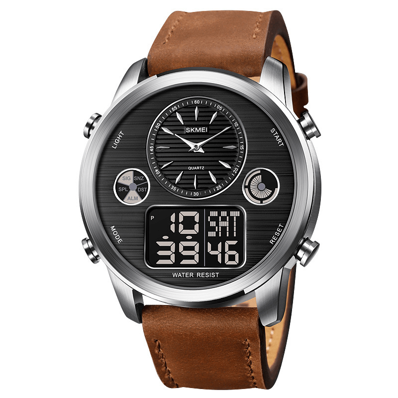 SKMEI 1653 Fashion Men Digital Watch Date Week Luminous Display Stopwatch Countdown Leather Strap Dual Display Watch - MRSLM