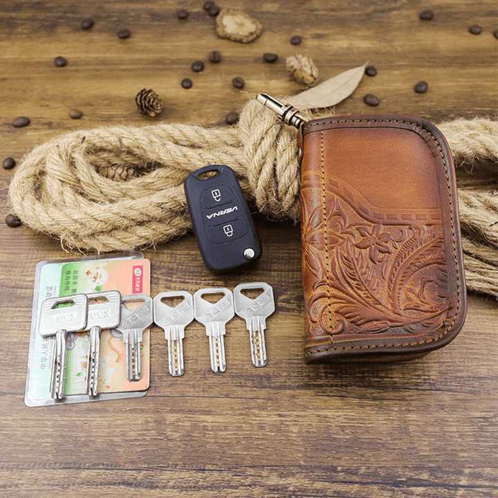 Men Genuine Leather Vintage Printed Car Key Bag Wallet - MRSLM