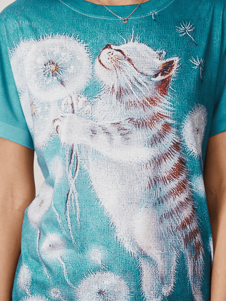 Cartoon Flower Cat Print Short Sleeve O-Neck Casual T-Shirt - MRSLM