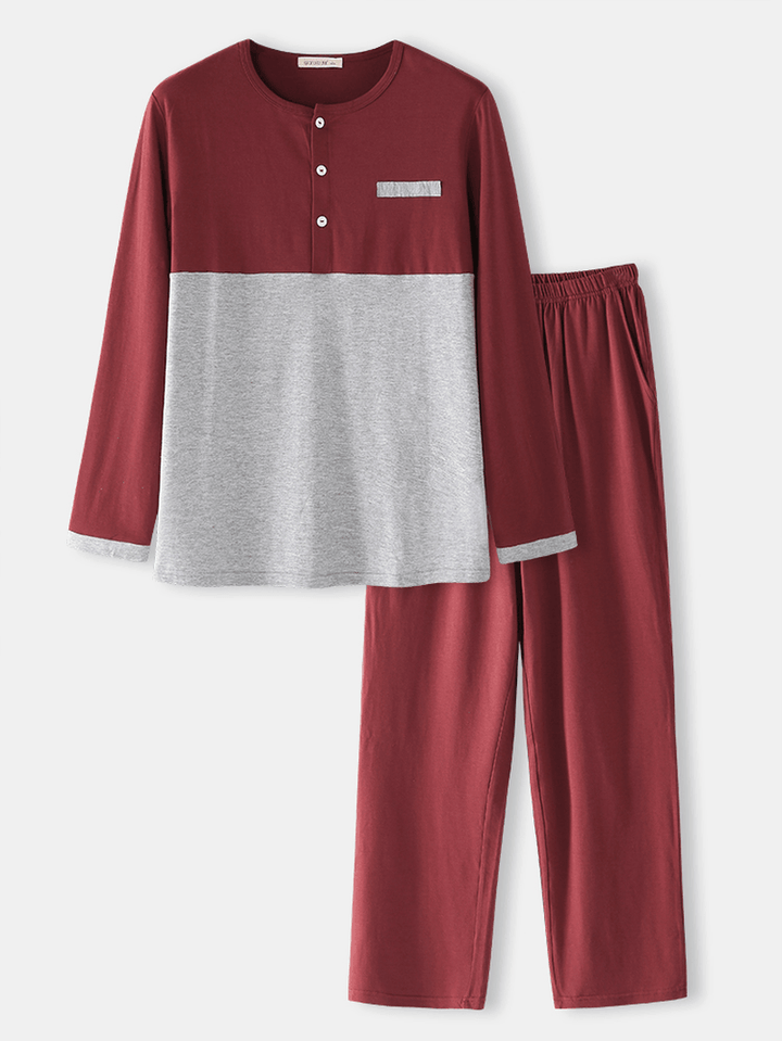 Mens Cotton Colorblock Half Button Loose Home Casual Warm Long Sleeve Pajamas Set - MRSLM