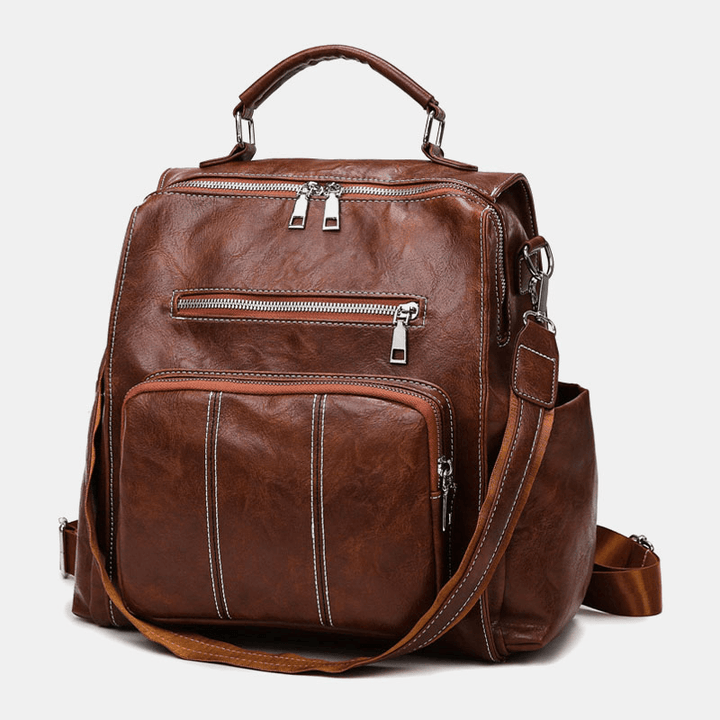 Women PU Leather Large Capacity Multi-Pocket Retro Messenger Backpack Crossbody Bag Shoulder Bag - MRSLM