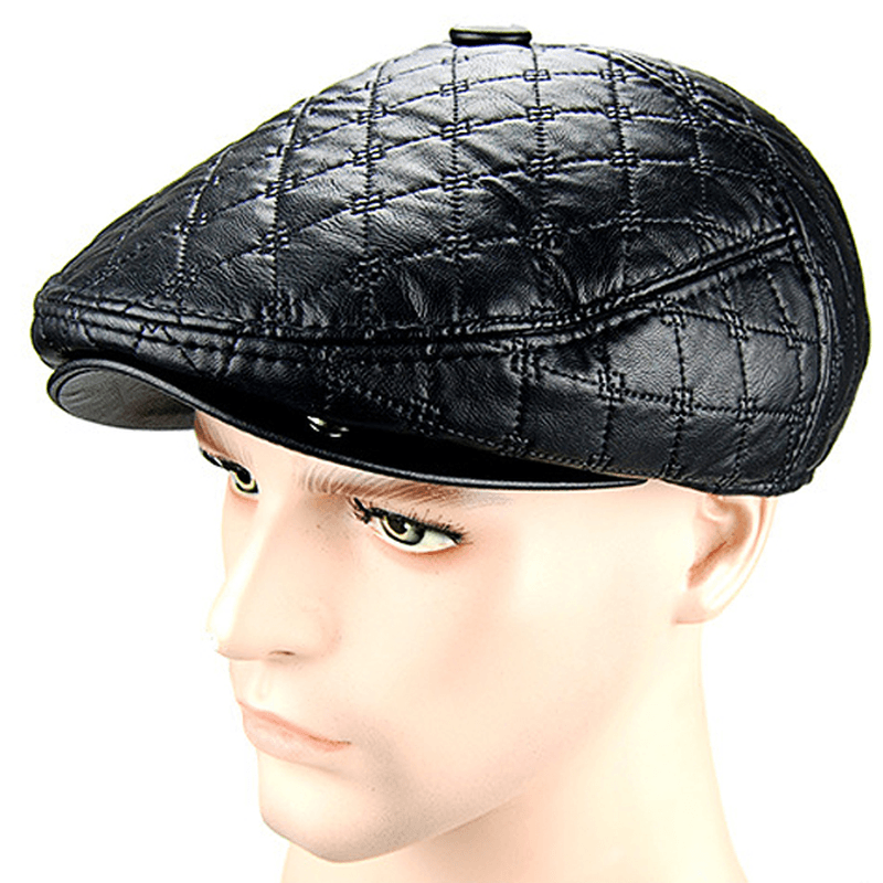 Unisex PU Leather Earflap Ear Muff Beret Hat Blank Embossed Plush Lining Paper Boy Cabbie Hat - MRSLM