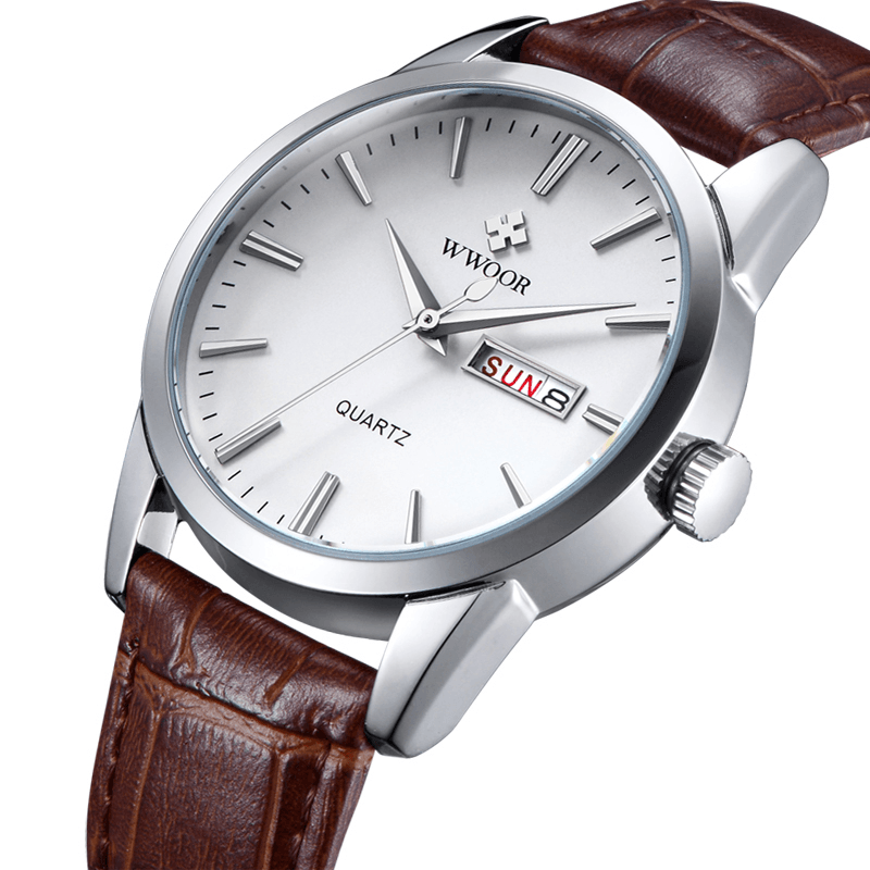 WWOOR 8801 Calendar Business Style Men Wrist Watch Leather Watch Band Quartz Watch - MRSLM