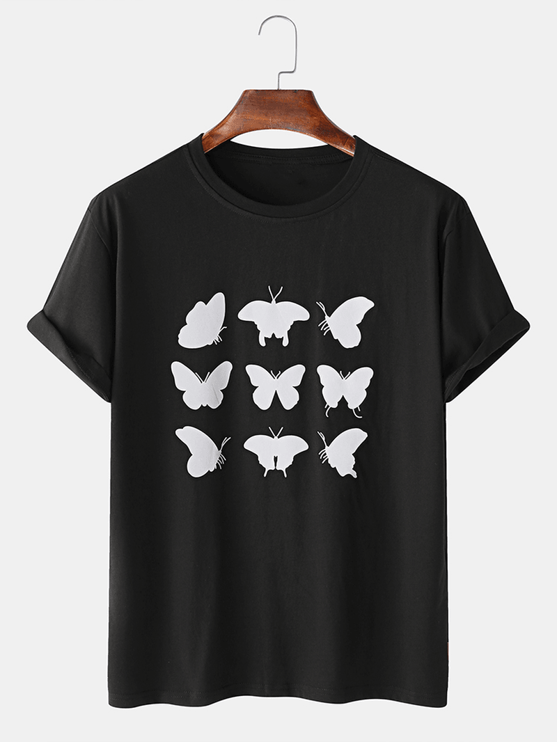 100% Cotton Reflective Butterfly Printed Casual Short Sleeve T-Shirts - MRSLM