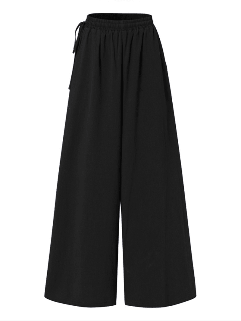 Women Casual Solid Color Side Drawstring Loose Wide Leg Pants with Pockets - MRSLM