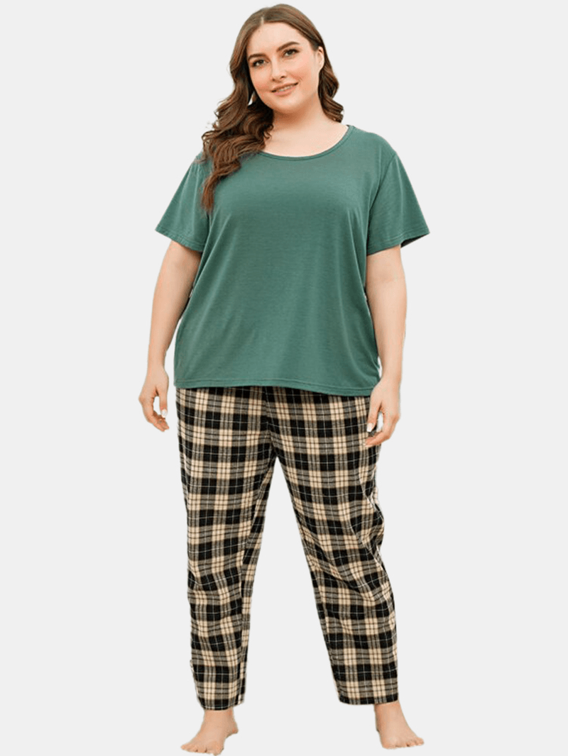 Plus Size Women Solid Color Short Sleeve Top Plaid Print Two Piece Home Pajama Set - MRSLM