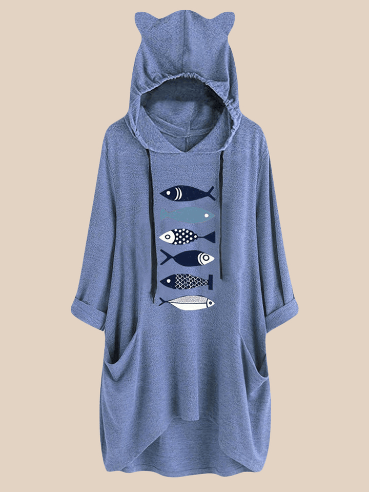 Women Casual Fish Print Hooded Sweatshirt - MRSLM