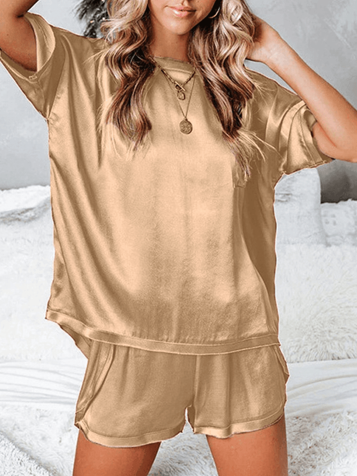 Women O-Neck Elastic Waist Solid Fittingthigh Length Pajama Sets - MRSLM