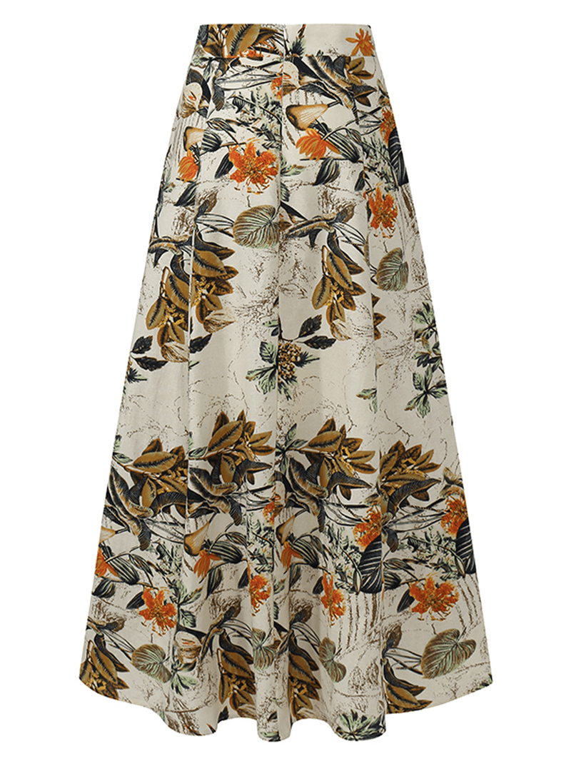 Women 100% Cotton Plant Floral Print High Waist Bohemia Maxi Skirts - MRSLM