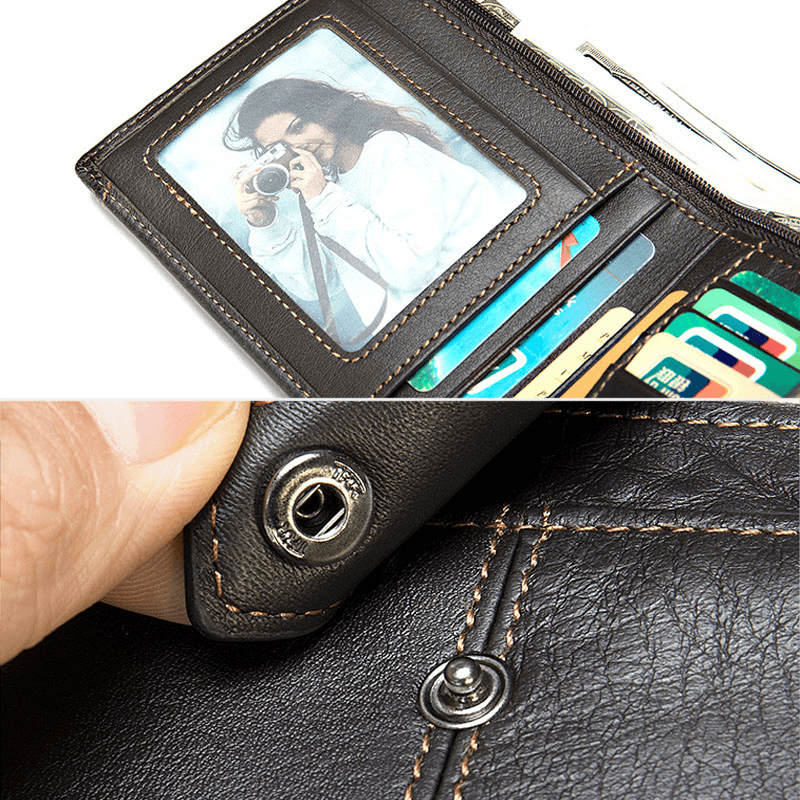 Men Short Bifold RFID Blocking Wallet Retro Casual Multi-Card Slot Card Holder Cowhide Driver'S License Wallet - MRSLM