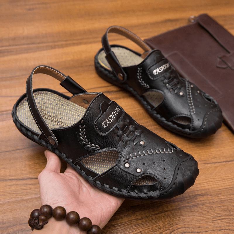 Men Casual Genuine Leather Hand Stitching Soles Sandals - MRSLM