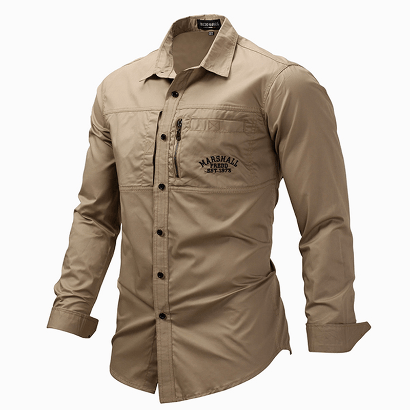Outdoor Military Style Chest Zipper Pocket Long Sleeve Lapel Cotton Work Shirt for Men - MRSLM