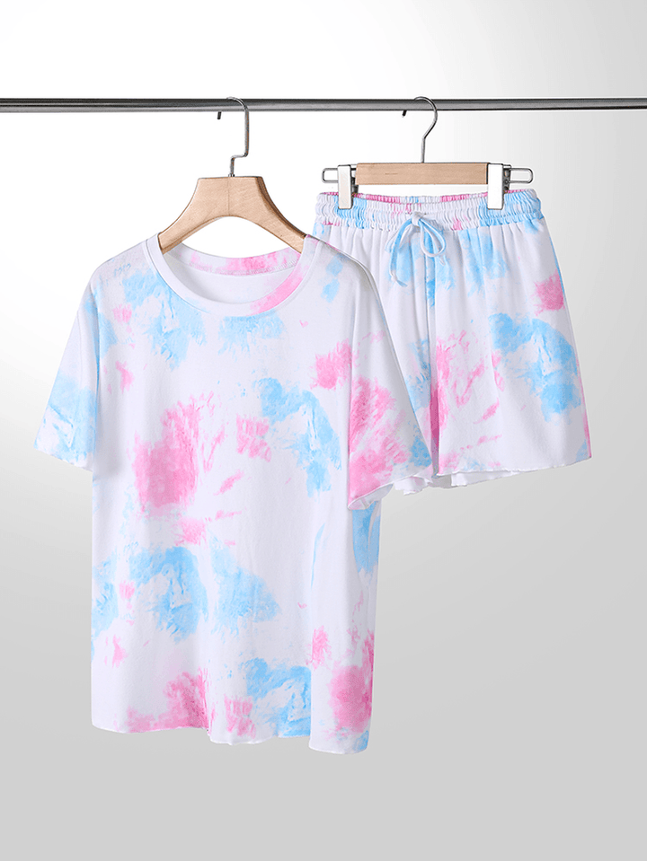 Plus Size Women Tie-Dye Short Sleeve Drawstring Casual Pajama Set - MRSLM