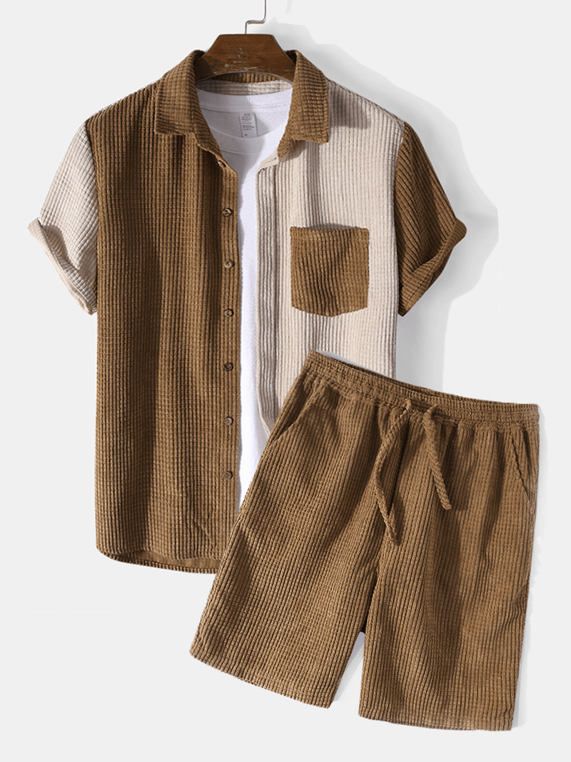 Mens Contrast Color Corduroy Short Sleeve Loungewear Two-Piece Outfits - MRSLM