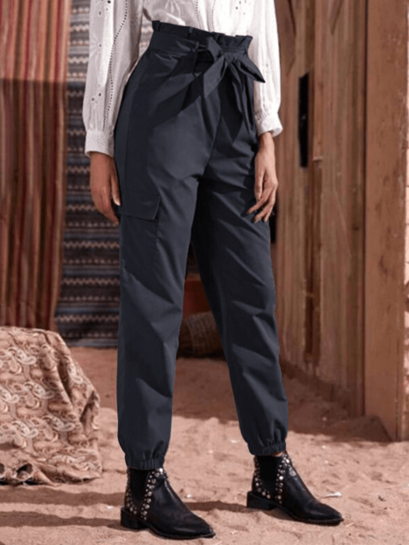 Women Solid Color Pleated Waist Lace-Up Cargo Harem Pants with Pockets - MRSLM