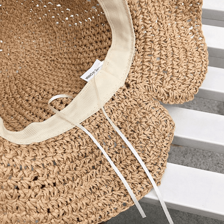 Female Foldable Bowknot Decoration Casual Breathable Small Brim Sunscreen Sun Hat Straw Hat Bucket Hat - MRSLM