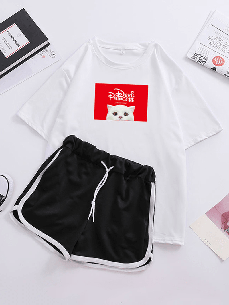Women Cartoon Cat Print Pajamas Short Sleeve Drawstring Sports Shorts Sleepwear - MRSLM