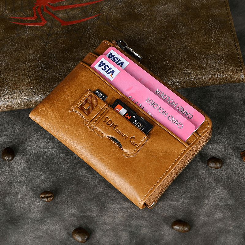 Men Genuine Leather Wallets Retro Multifunctional RFID Anti-Theft Brush Card Holder Money Clip Coin Purse Cowhide Wallets - MRSLM